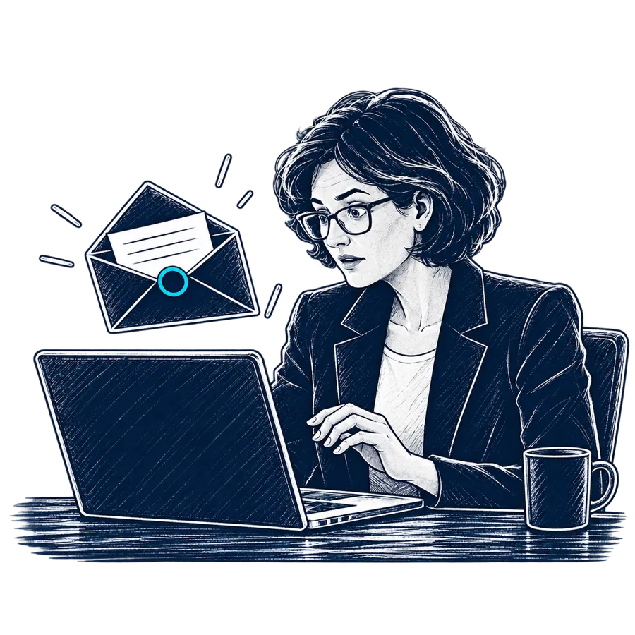 Line drawing: a compliance officer at her desk, startled, as an oversized sealed envelope arrives above her laptop.
