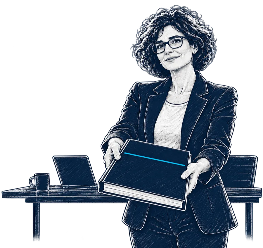 Line drawing: the same compliance officer, calm, handing over a report.